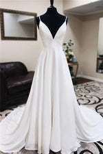 Sheath Deep V-Neck Long White Wedding Dress with Lace Back