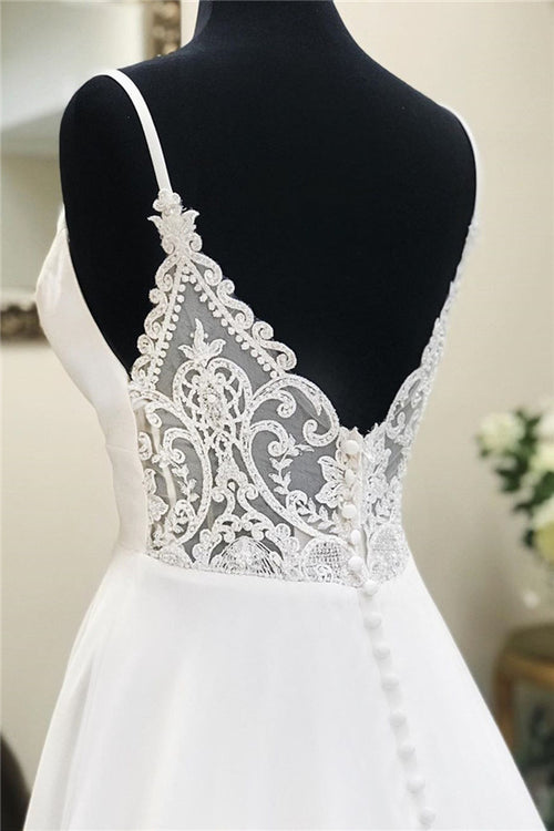 Sheath Deep V-Neck Long White Wedding Dress with Lace Back