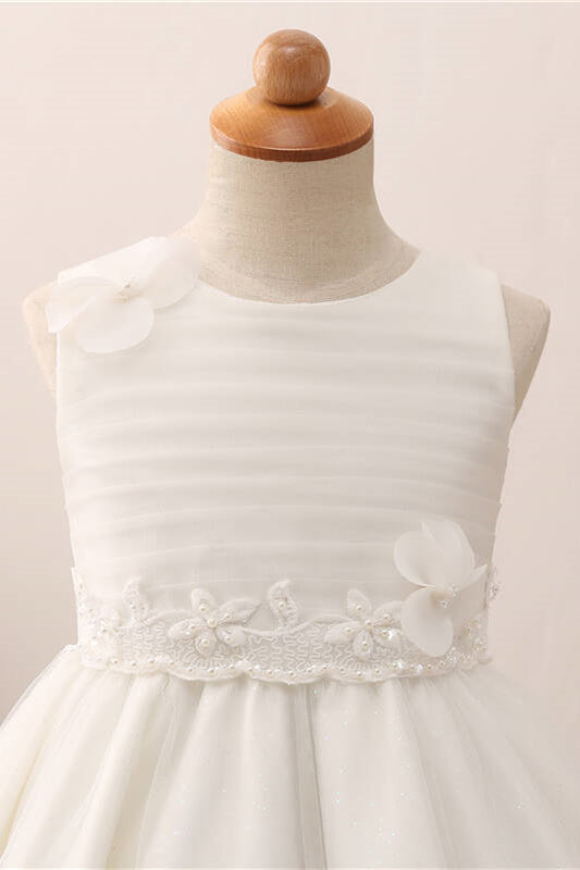 Adorable 3D Flowers Pearl Ivory Flower Girl Dress with Bow