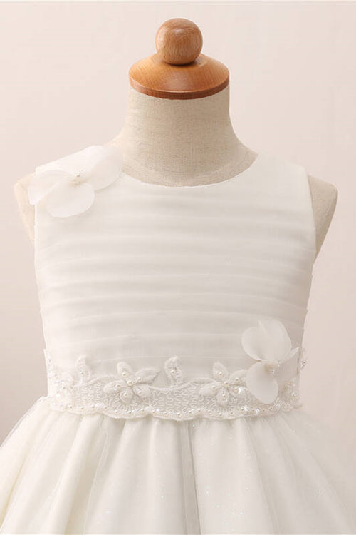 Adorable 3D Flowers Pearl Ivory Flower Girl Dress with Bow