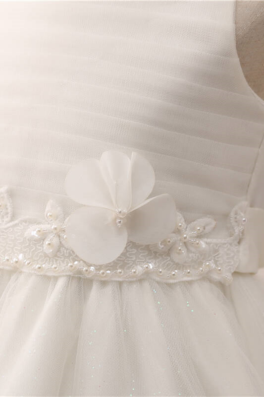 Adorable 3D Flowers Pearl Ivory Flower Girl Dress with Bow