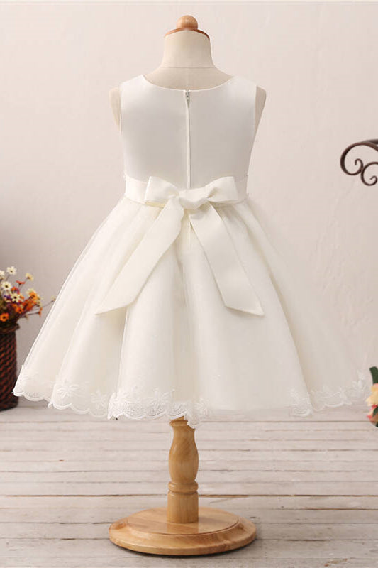 Adorable 3D Flowers Pearl Ivory Flower Girl Dress with Bow