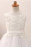 Lace Applique Lace-Up Back White Flower Girl Dress with Ribbon