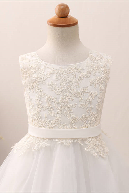 Lace Applique Lace-Up Back White Flower Girl Dress with Ribbon