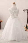 Lace Applique Lace-Up Back White Flower Girl Dress with Ribbon