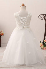Lace Applique Lace-Up Back White Flower Girl Dress with Ribbon