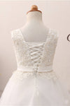 Lace Applique Lace-Up Back White Flower Girl Dress with Ribbon