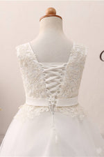 Lace Applique Lace-Up Back White Flower Girl Dress with Ribbon