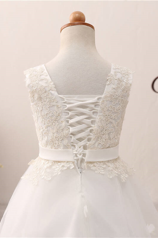 Lace Applique Lace-Up Back White Flower Girl Dress with Ribbon