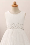 Adorable Pearls White Lace Flower Girl Dress with Bow
