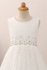 Adorable Pearls White Lace Flower Girl Dress with Bow