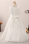 Adorable Pearls White Lace Flower Girl Dress with Bow