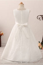 Adorable Pearls White Lace Flower Girl Dress with Bow