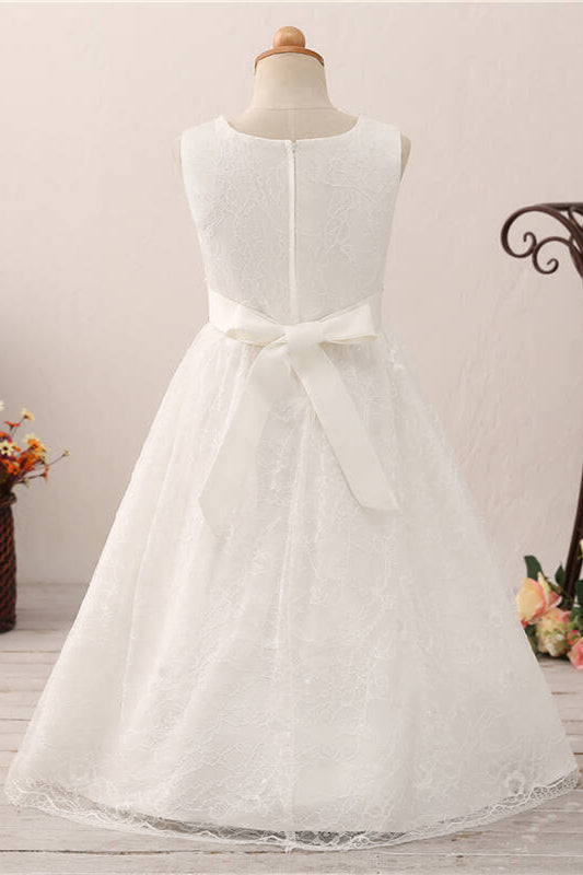 Adorable Pearls White Lace Flower Girl Dress with Bow