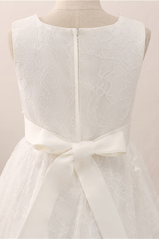 Adorable Pearls White Lace Flower Girl Dress with Bow