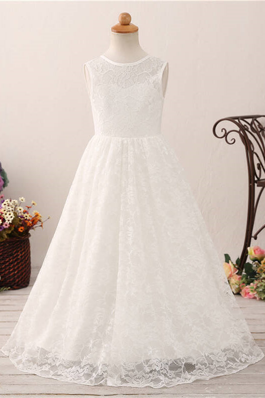 Adorable V Back White Lace Flower Girl Dress