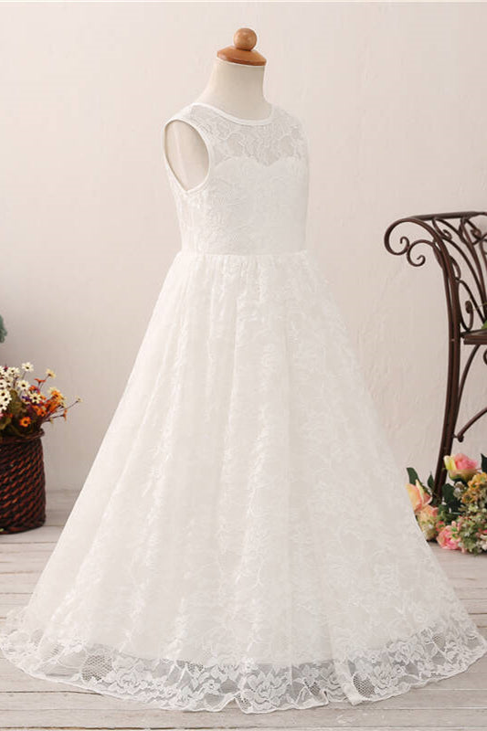 Adorable V Back White Lace Flower Girl Dress