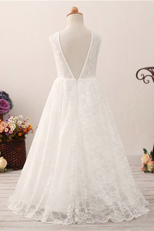 Adorable V Back White Lace Flower Girl Dress