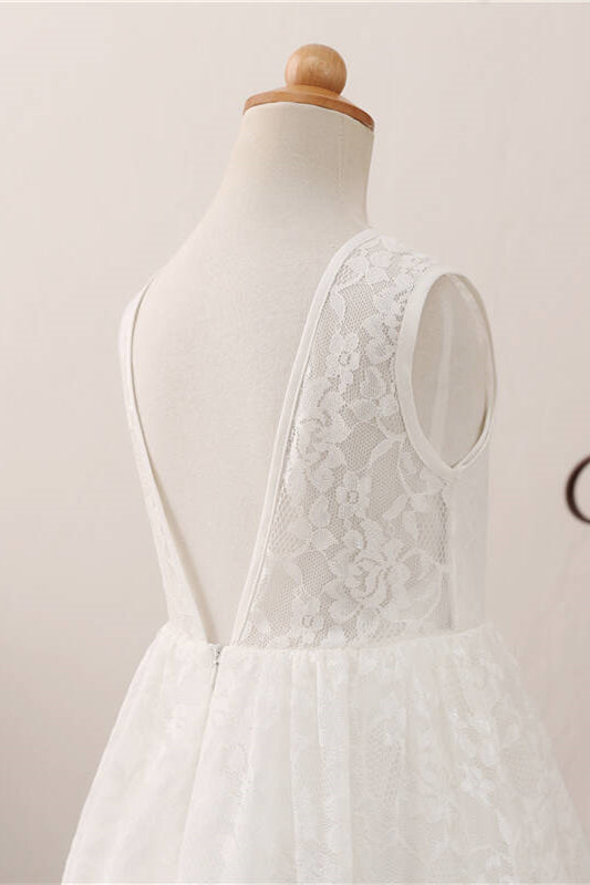 Adorable V Back White Lace Flower Girl Dress