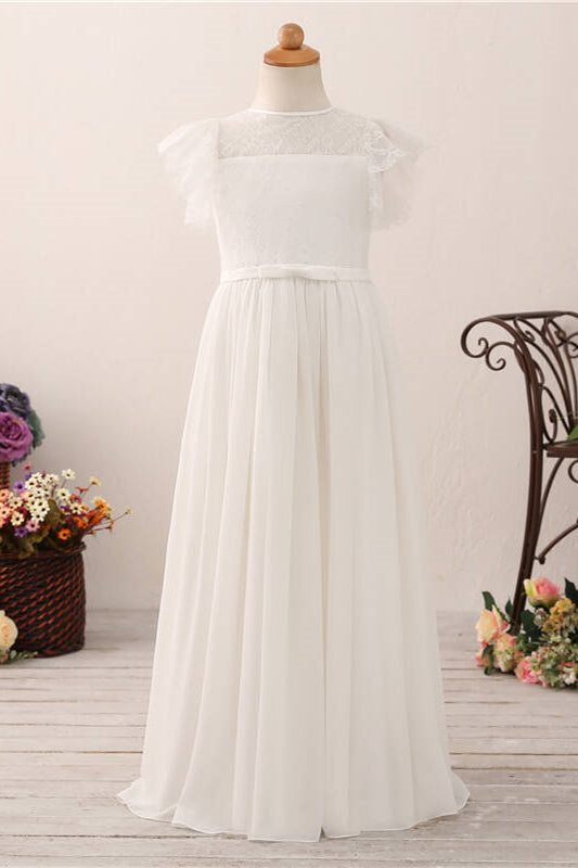 Flutter Sleeves Long White Flower Girl Dress with Lace Top