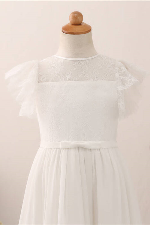 Flutter Sleeves Long White Flower Girl Dress with Lace Top
