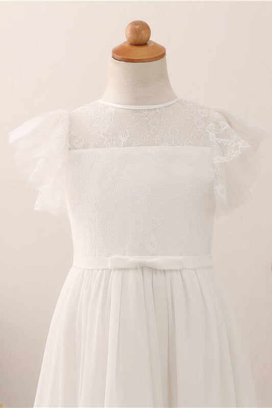 Flutter Sleeves Long White Flower Girl Dress with Lace Top