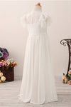 Flutter Sleeves Long White Flower Girl Dress with Lace Top