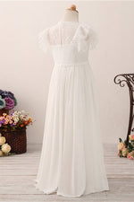 Flutter Sleeves Long White Flower Girl Dress with Lace Top