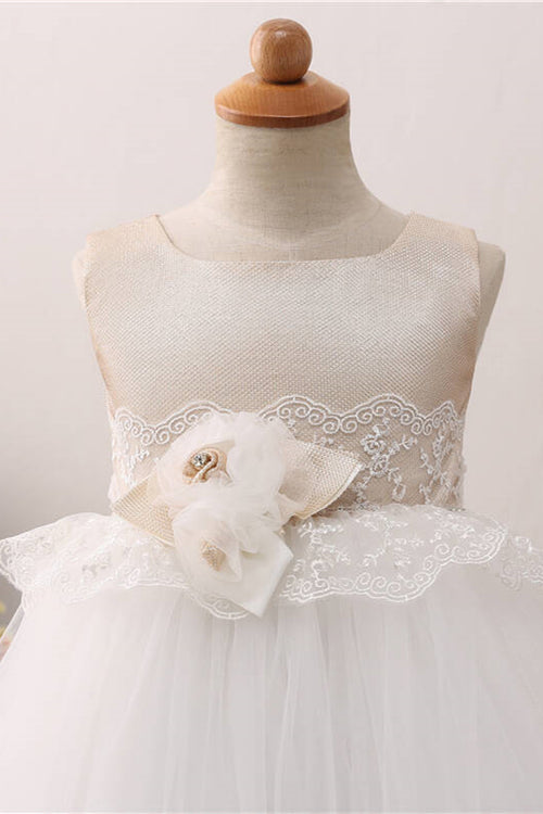 Toddler Lace Applique Champagne and White Flower Girl Dress