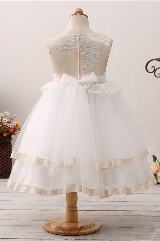 Toddler Lace Applique Champagne and White Flower Girl Dress
