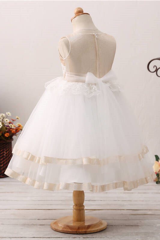 Toddler Lace Applique Champagne and White Flower Girl Dress