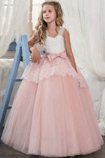 Princess White and Pink Flower Girl Dress with Bowknot