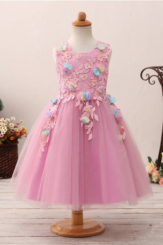 Cute 3D Flowers Pink Flower Girl Dress with Lace Appliques – FancyVestido