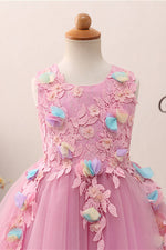 Cute 3D Flowers Pink Flower Girl Dress with Lace Appliques