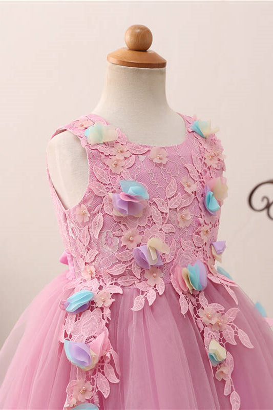 Cute 3D Flowers Pink Flower Girl Dress with Lace Appliques