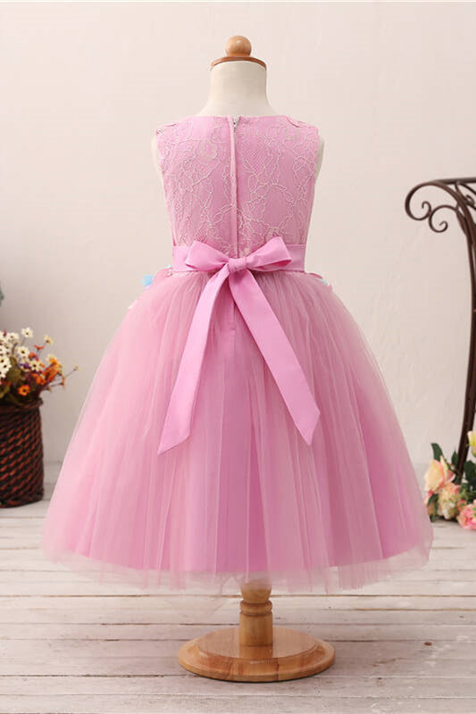Cute 3D Flowers Pink Flower Girl Dress with Lace Appliques