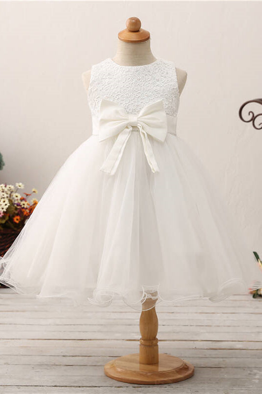 Cute Toddler Appliques White Flower Girl Dress with Bowknot