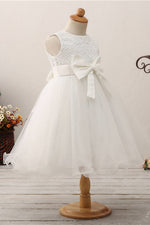 Cute Toddler Appliques White Flower Girl Dress with Bowknot