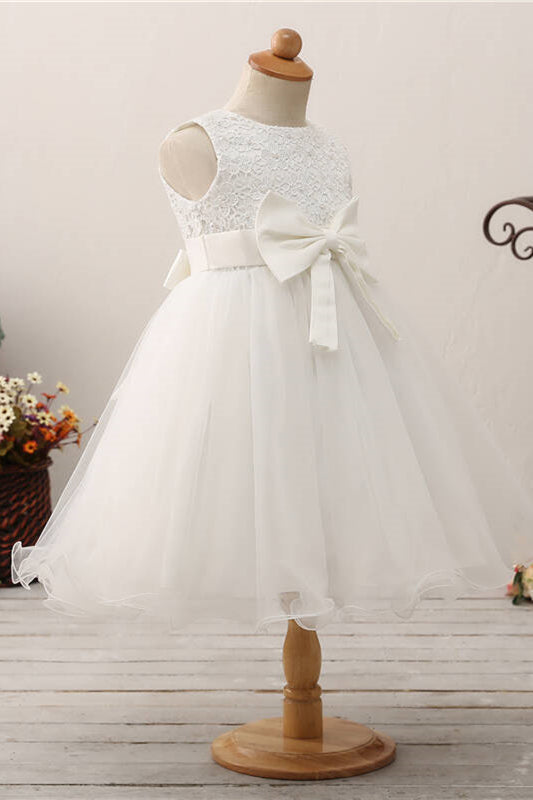 Cute Toddler Appliques White Flower Girl Dress with Bowknot