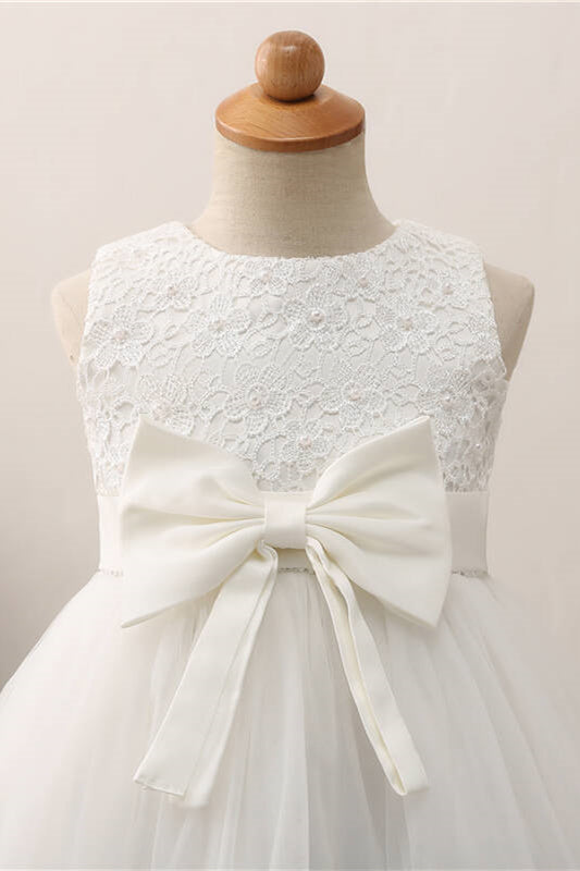 Cute Toddler Appliques White Flower Girl Dress with Bowknot