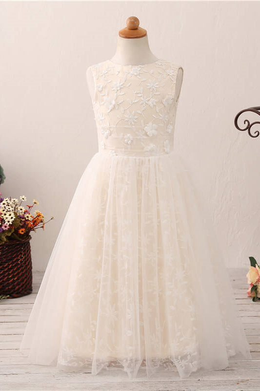 Chic Hollow Back Ivory Flower Girl Dress with Lace Appliques