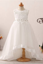 Chic High Low Floral Appliques White Flower Girl Dress