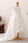 Chic High Low Floral Appliques White Flower Girl Dress