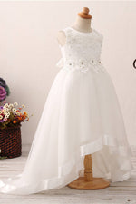 Chic High Low Floral Appliques White Flower Girl Dress
