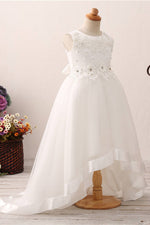 Chic High Low Floral Appliques White Flower Girl Dress