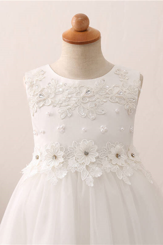 Chic High Low Floral Appliques White Flower Girl Dress