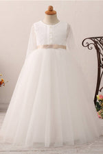 Long Slweeves Tulle and Lace White Flower Girl Dress with Bow