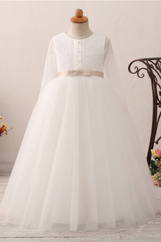 Long Slweeves Tulle and Lace White Flower Girl Dress with Bow