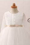 Long Slweeves Tulle and Lace White Flower Girl Dress with Bow