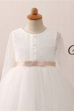 Long Slweeves Tulle and Lace White Flower Girl Dress with Bow